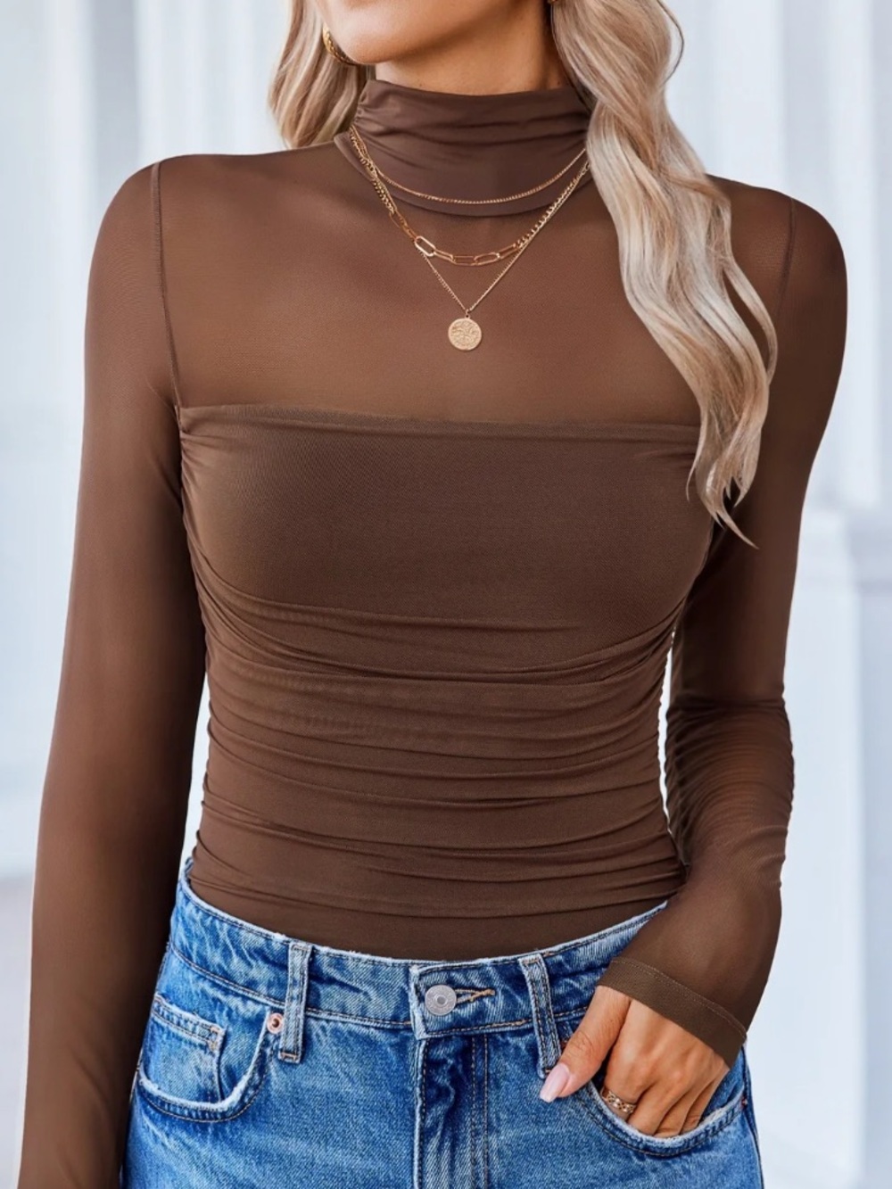 Brown Sheer Turtleneck Long Sleeve Bodysuit NWOT